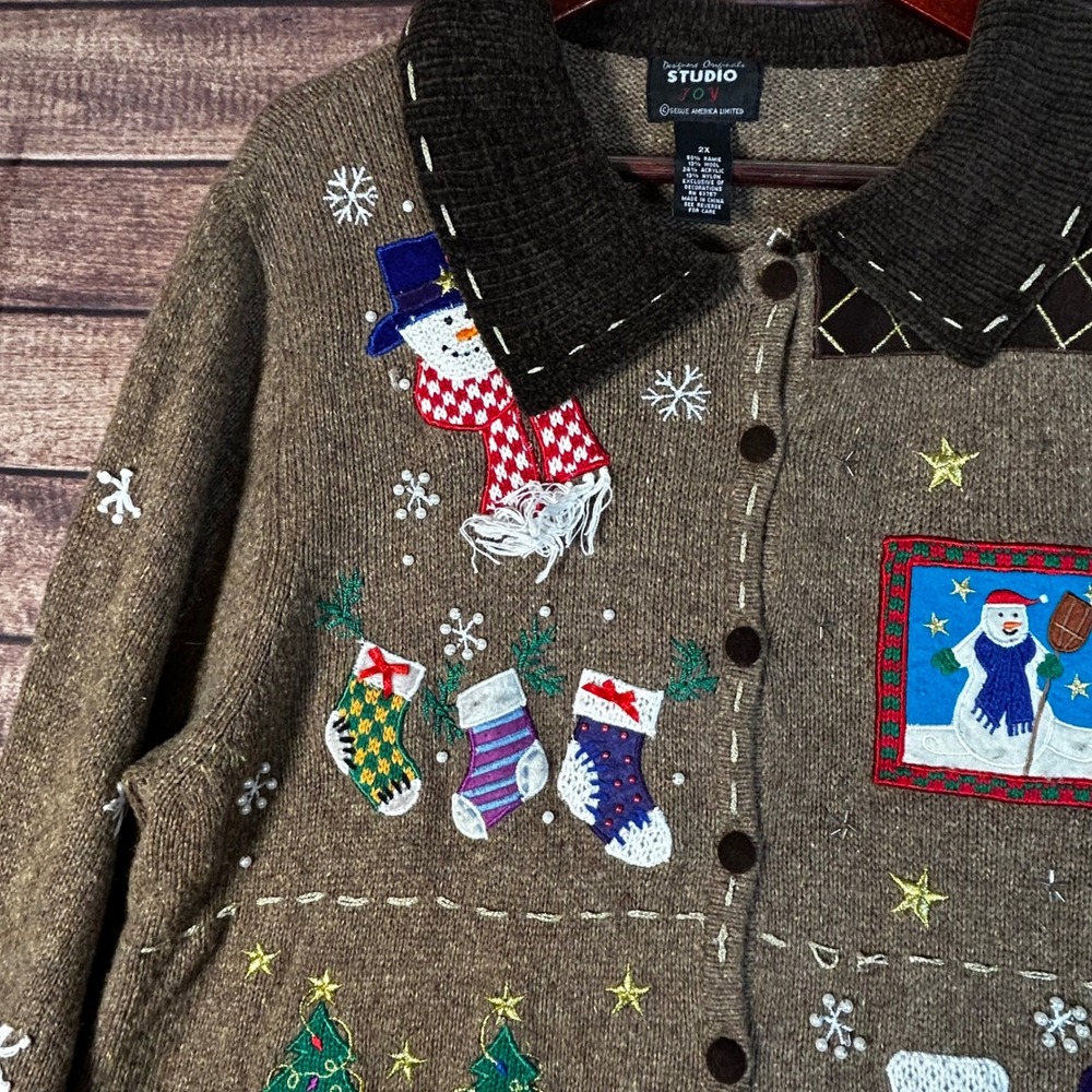 VTG Studio Joy Designers Snowman Ugly Christmas Snowman Sweater Cardigan 2X - Picture 3 of 12